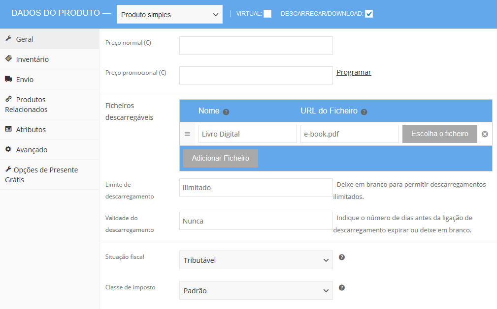 inserir produto para download
