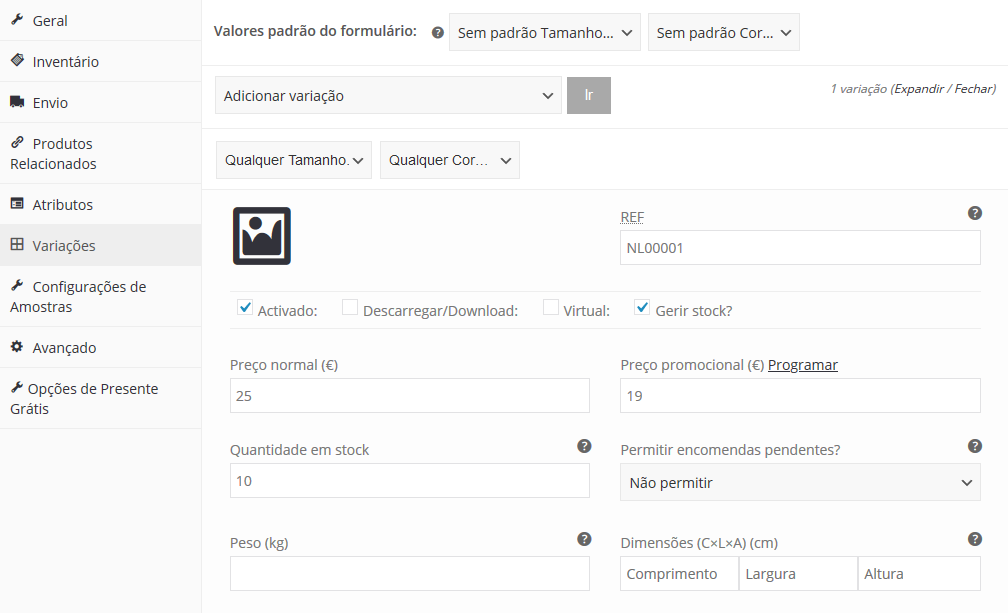 inserir produto variavel