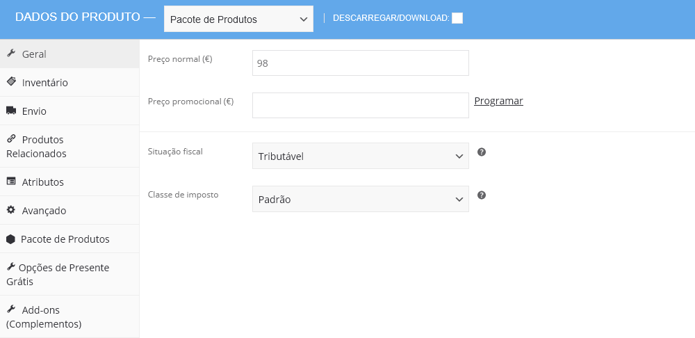 pacote de produtos