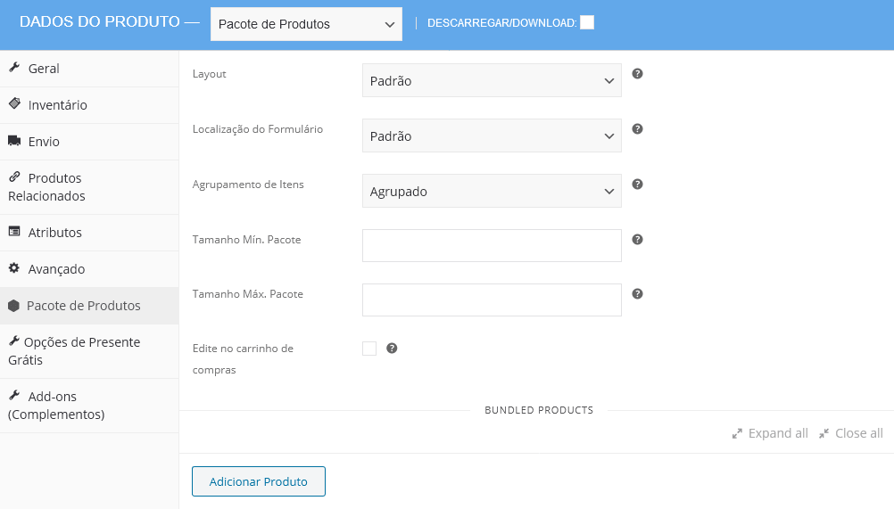 pacote de produtos