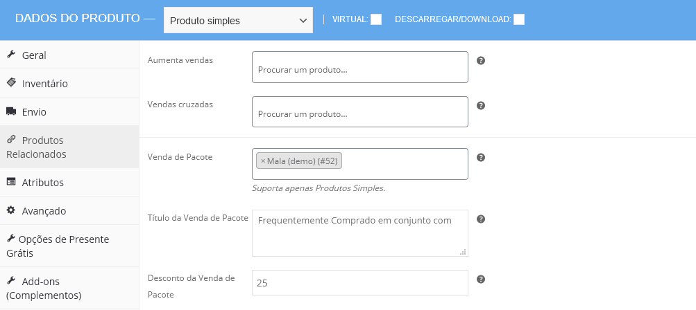 pacote de produtos