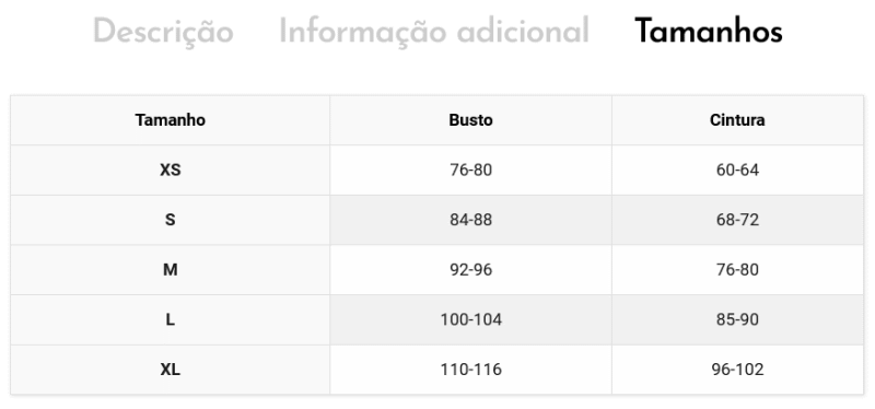 tabela de tamanhos