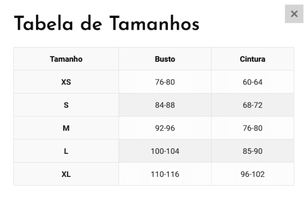 tabela de tamanhos