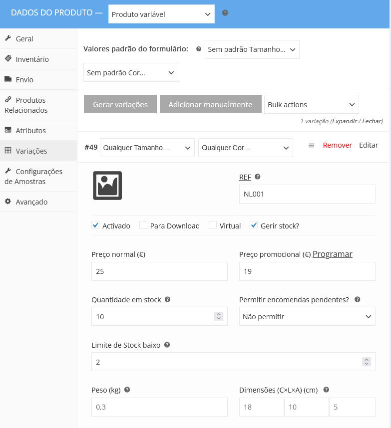 inserir produto variavel