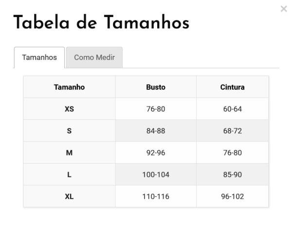 tabela de tamanhos